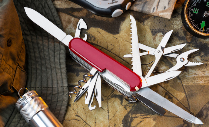 A Swiss Army style of mulitool knife and equipment for the great outdoors.